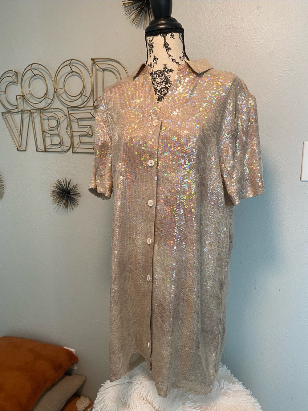 BiBi Sequin Shirt Dress - Iridescent Champagne